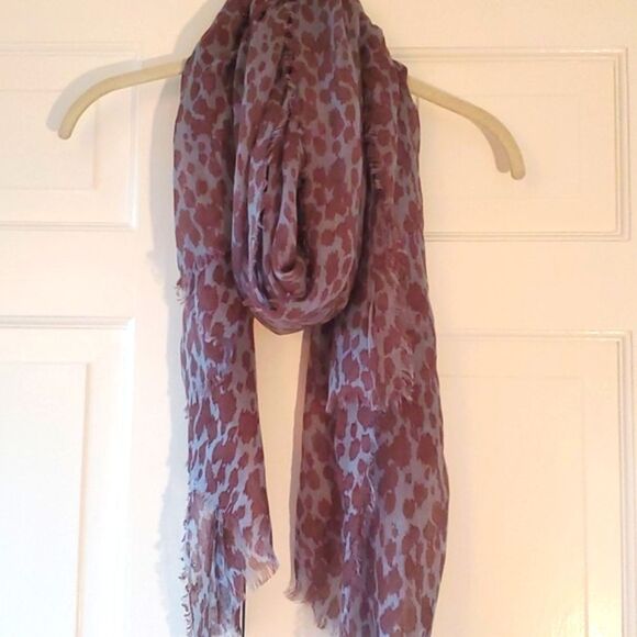 LEOPARD ANIMAL PRINT BLUE BROWN SCARF WRAP FALL SHEER FRINGE 29" by 70 - Picture 6 of 7